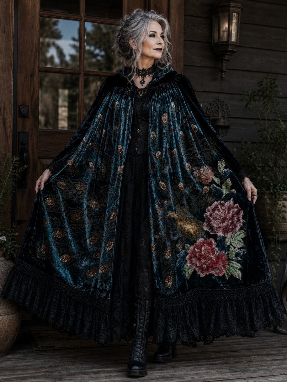 VTG Western Fashion hand Beaded Velvet and Silk, Peacock Cape Cloak Duster
